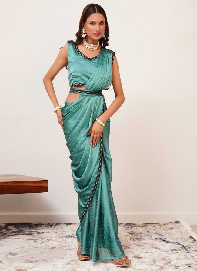 Silk Sattin Sky Blue Party Wear Stone Work Ready To Wear Saree